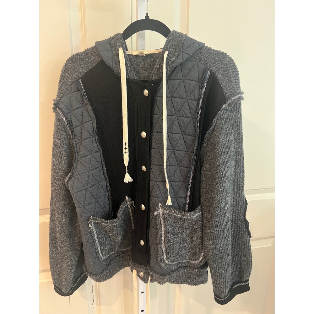 NWOT POL Clothing Mixed Media Quilted Waffle Knit Hooded Jacket Grey Black S